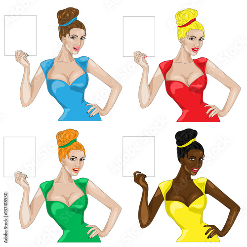 Set of girls holding a sign in retro style