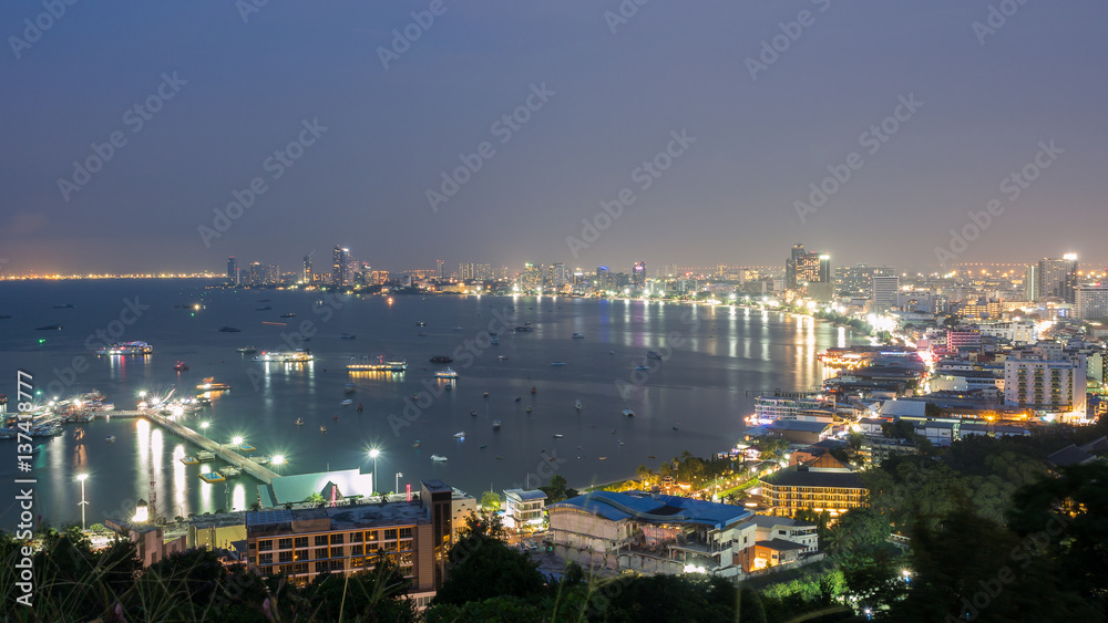 Beautiful Pattaya beach and town at night with light from view point
