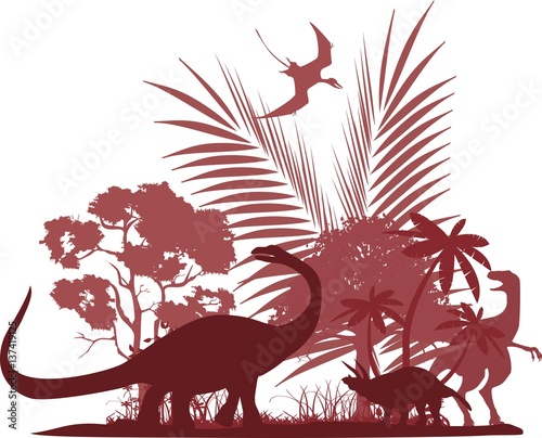 Wildlife  silhouettes of ancient dinosaurs and forest
