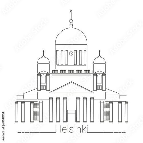 Helsinki cathedral vector illustration. Line art illustration. Clear and simple flat landmarks for web banner, button, logotype and poster. Symbol of Helsinki. Finland. Icon for travel agency.
