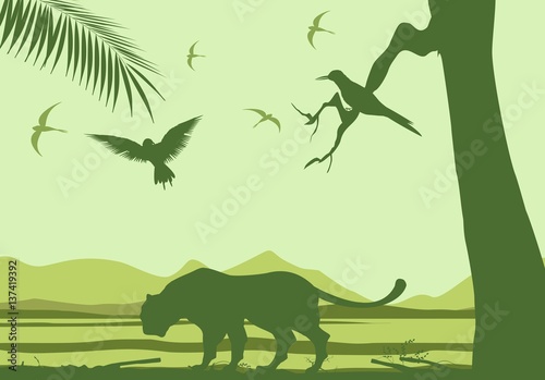 Green vector silhouettes of wildlife  animals birds  grass