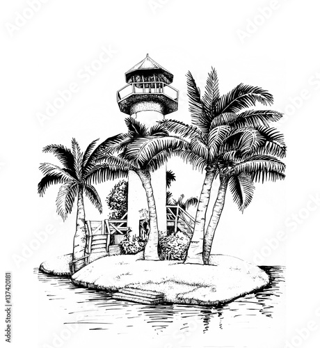 Lighthouse on an island, surrounded by palm trees.