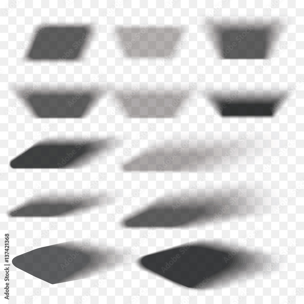 Box shadow set transparent with soft edges isolated on checkered background. Smooth vector under round square.Element for product design - obrazy, fototapety, plakaty 