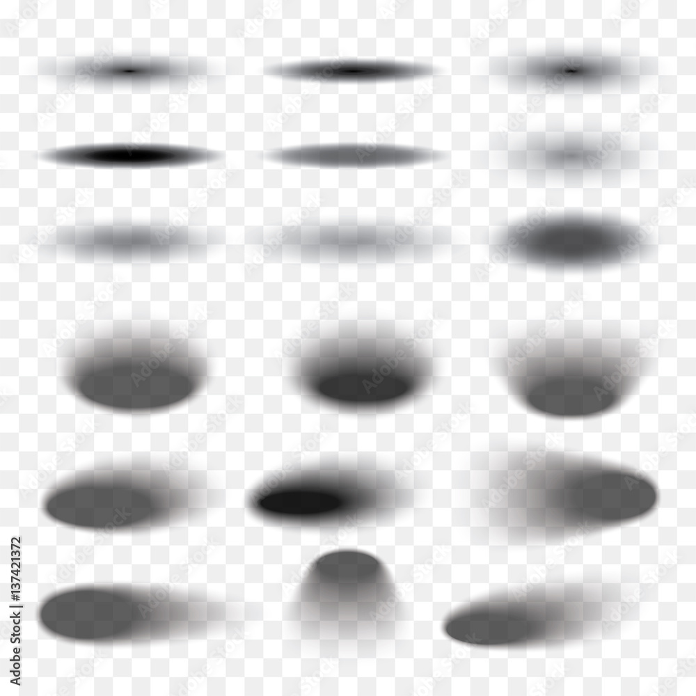 Oval shadow set transparent with soft edges isolated on checkered background. Element for product design - obrazy, fototapety, plakaty 