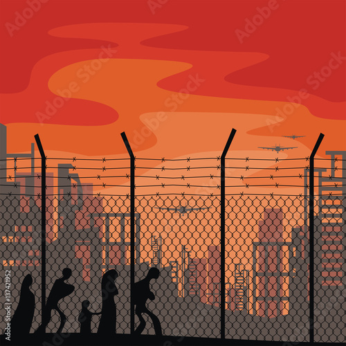 The propaganda poster about refugees and illegal migrants. Vector illustration.