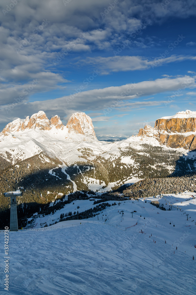 Morning view of Dolomites at Belvedere valley near Canazei of Val di Fassa, Trentino-Alto-Adige region, Italy.