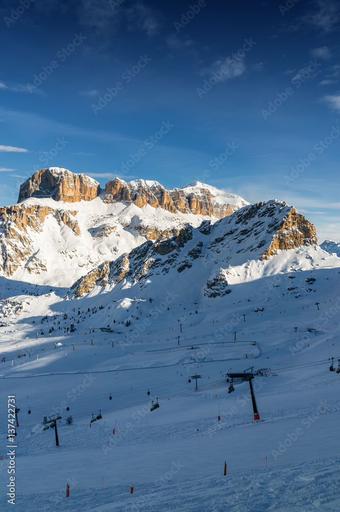 Morning view of Dolomites at Belvedere valley near Canazei of Val di Fassa, Trentino-Alto-Adige region, Italy.