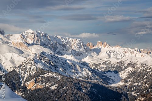 Morning view of Dolomites at Belvedere valley near Canazei of Val di Fassa, Trentino-Alto-Adige region, Italy.