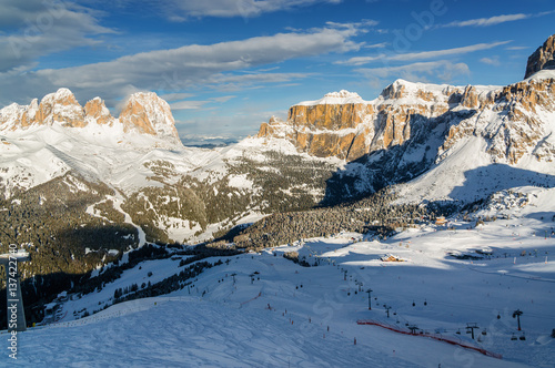 Morning view of Dolomites at Belvedere valley near Canazei of Val di Fassa  Trentino-Alto-Adige region  Italy.