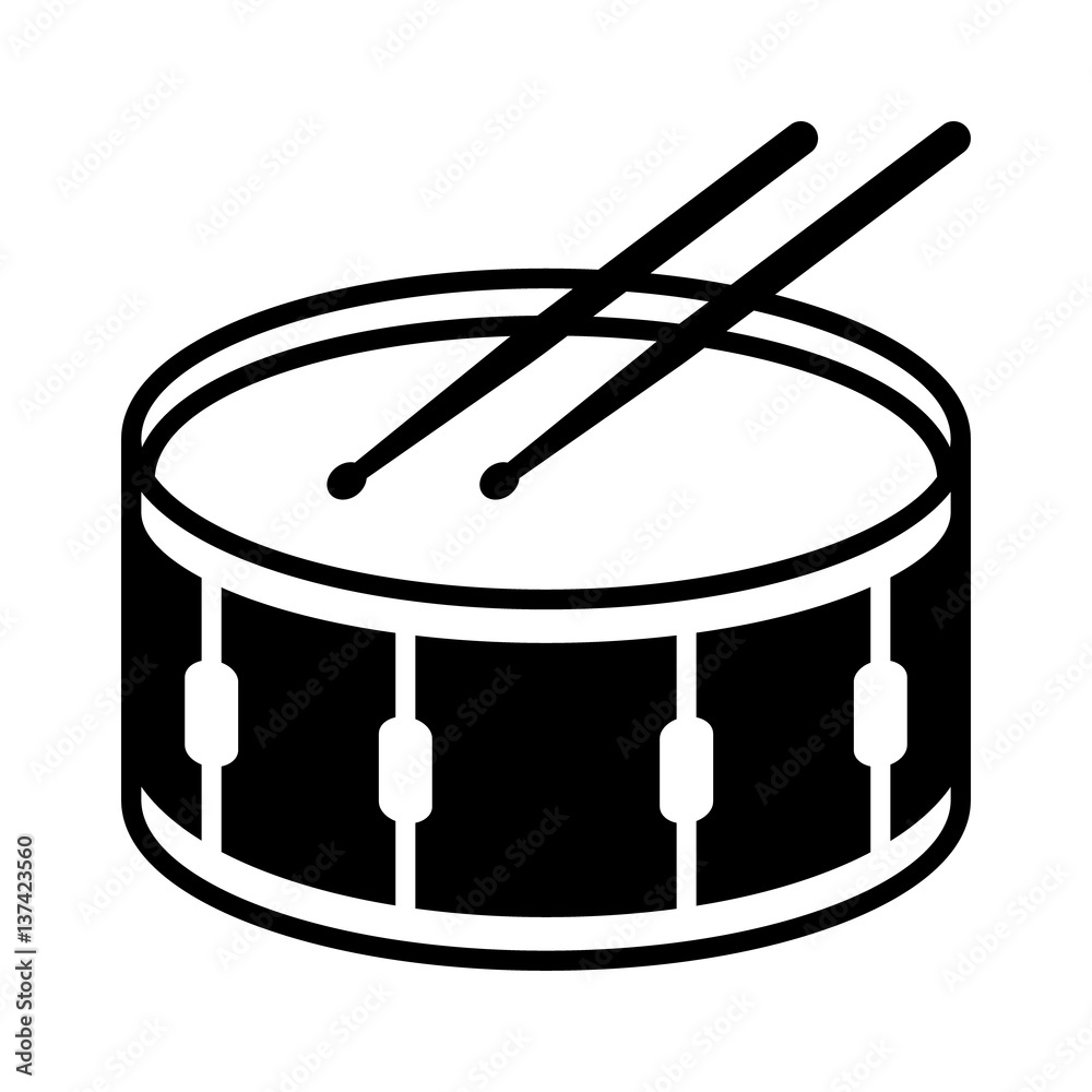 Snare drum or side drum with drumsticks musical instrument flat vector