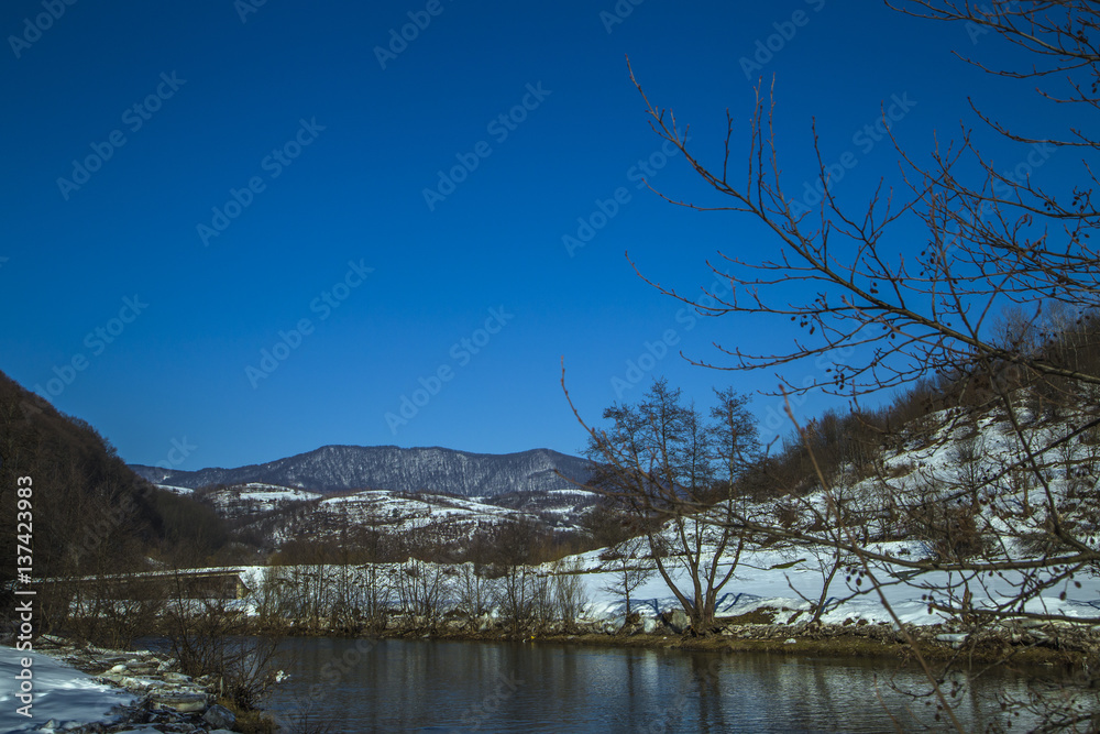 Winter mountain river beautiful landscape