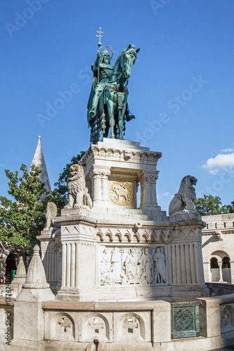 View of St. Stephen statue at Fishermen's bastion, Budapest, Hungary