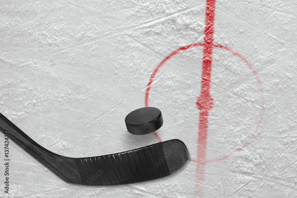 Fototapeta premium Fragment of ice hockey rink with a stick and puck