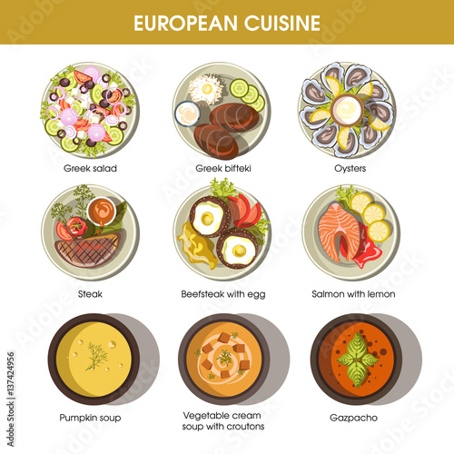European cuisine food dishes for menu vector templates