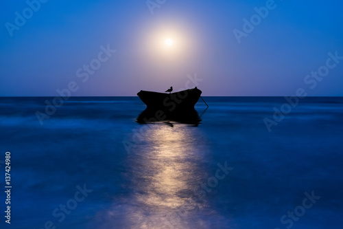 Night Landscape with Moon and Boat