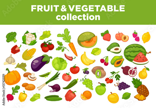 Fruits, vegetables or berries collection isolated flat vector icons