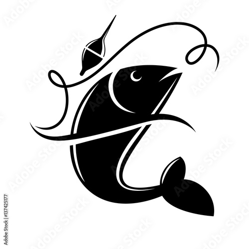 Fishing icon of fish catch on hook vector template