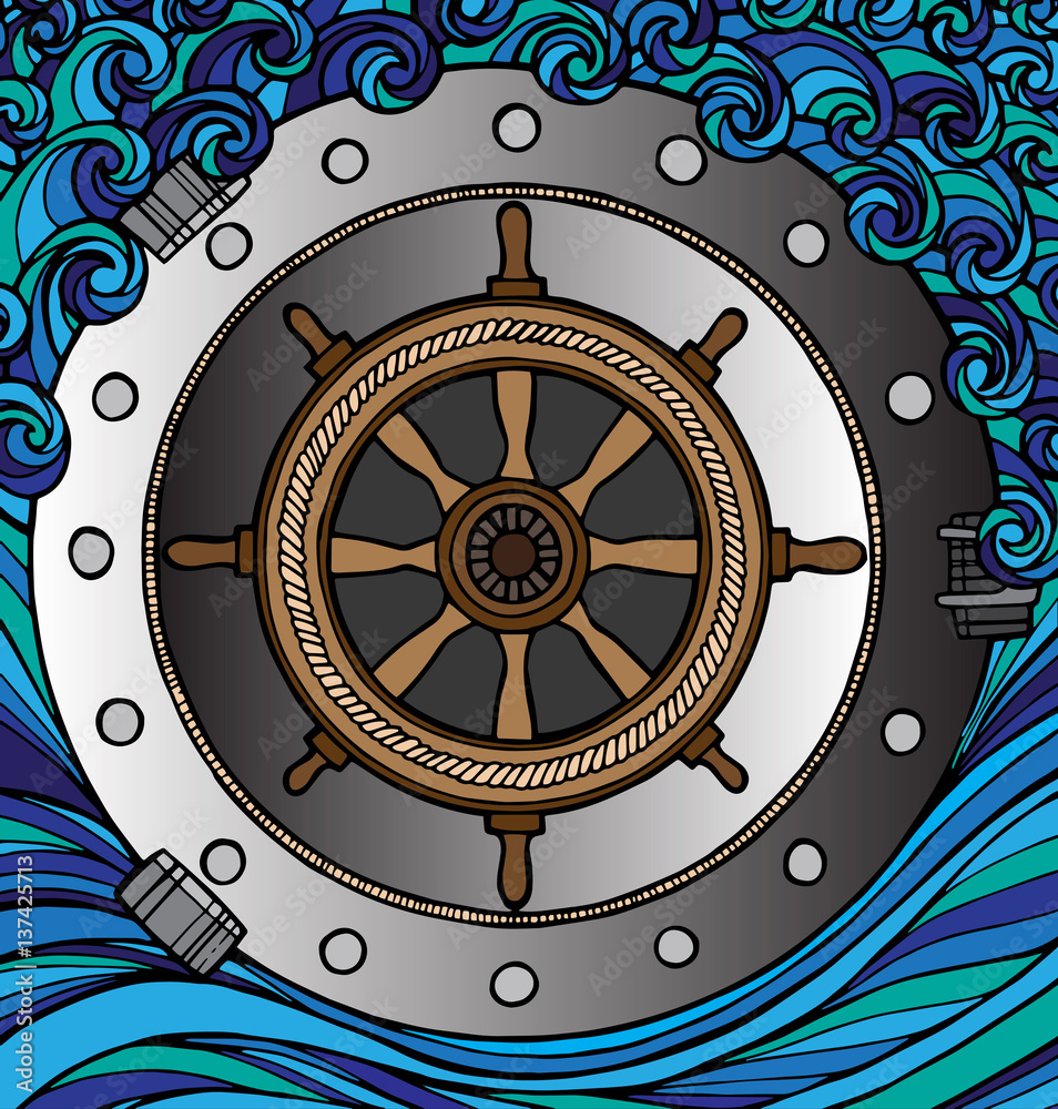 Obraz premium Steering wheel of the ship and porthole.Vector