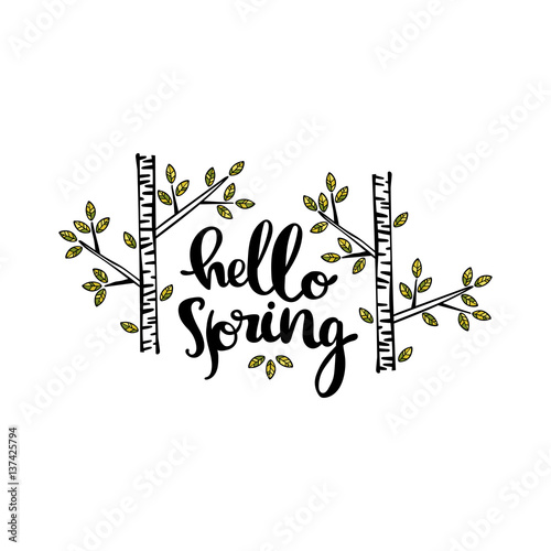 Hello Spring. Tree. Branches and leaves. Isolated vector object on white background.