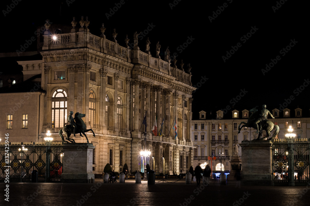 TURIN (Torino), ITALY - February 17, 2017: Night view of Palazzo Madama (Royal palace) in Piazza Castello (HDR)