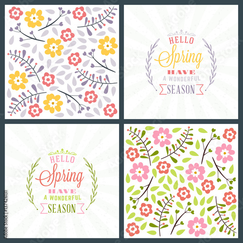 Spring holiday greeting card design. Vector floral greetings card or poster. Romantic labels with flowers pattern