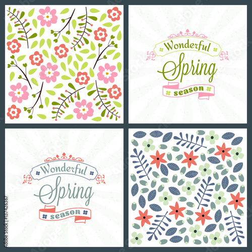 Spring holiday greeting card design. Vector floral greetings card or poster. Romantic labels with flowers pattern