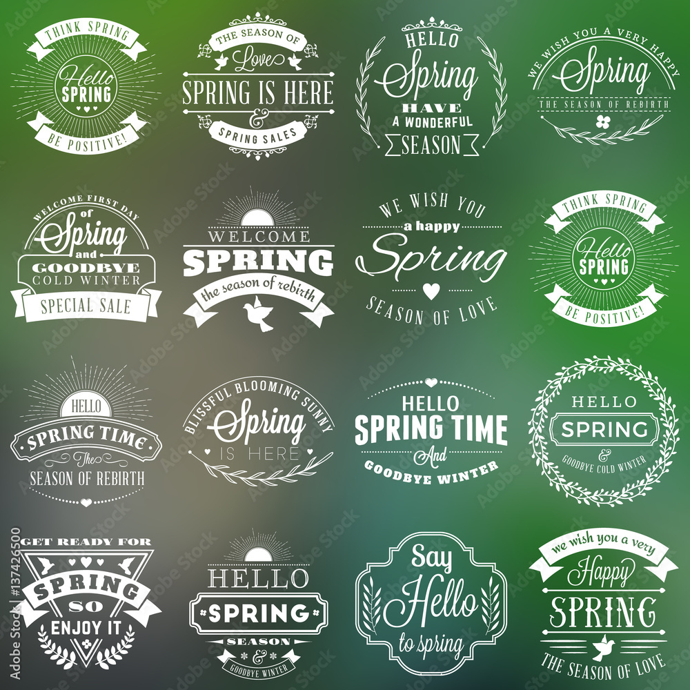 Obraz premium Spring vintage typographic badges. Vector illustration. White on green blurred background. Hello Spring. Greeting card design