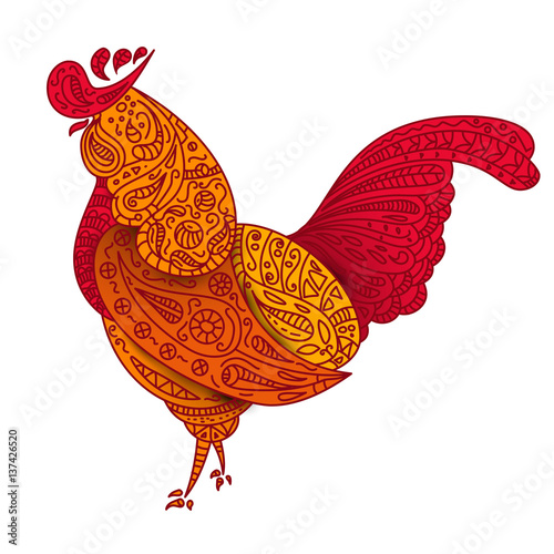 Vintage vector rooster with tribal ornaments. Symbol of 2017 year. Traditional ethnic tattoo, African, Indian, Thai, spirituality, boho design. For print, posters, t-shirts, textiles, coloring book.