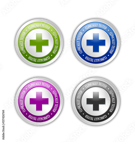 Set of silver clinically tested symbols with cross on white background