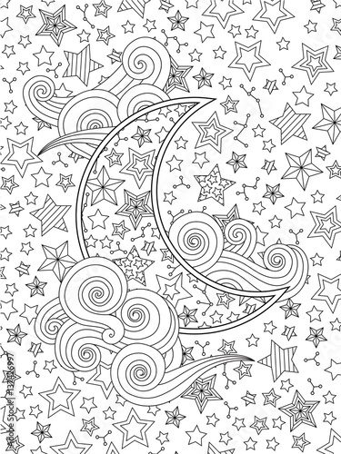 Contour image of moon crescent clouds, stars on the sky in zentangle inspired doodle style isolated on white.