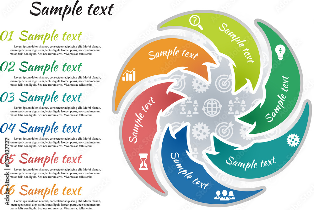 Circle infographic template 6 steps. Arrow shape parts of chart with ...
