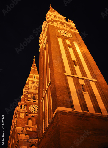 Detail from the Cathedral of Szeged at night, Hungary photo