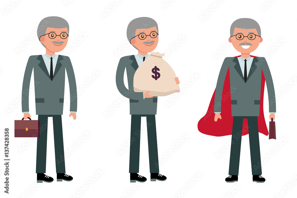 Set of boss, General Manager in the business image of superhero, holding money sack, nice smiling. Wealth, leadership, vision. Against white isolated background. Flat vector illustration