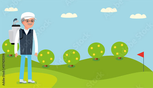 An elderly man, Director of the company came to the Golf course to play. Cartoon flat vector illustration