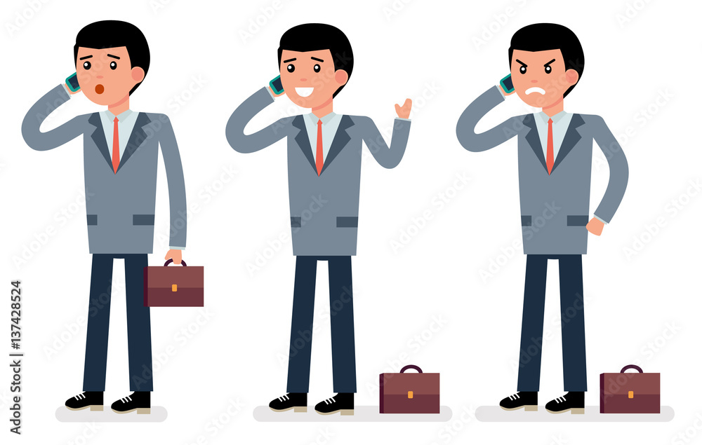 Cartoon character. The clerk. Talking on the phone in different emotions. Surprise, joy, anger. Flat vector illustration Cartoon character. The clerk. Talking on the phone in different emotions. Surprise, joy, anger. Flat vector illustration
