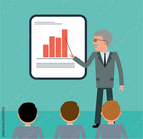 The boss explains to his employees the company's strategy. The Director points to sales growth. Cartoon flat vector illustration