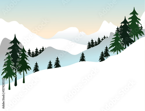 landscape with fir trees and mountain, vector illustration
