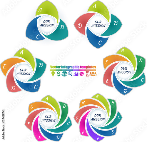 Set of colorful circle infographic template 3-8 steps and central element. Flower spiral form parts with letter. Title inscriptions outside graph. Vector illustration.