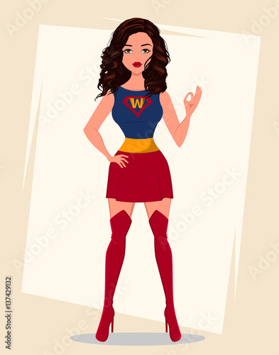 Superhero woman in costume showing OK gesture. She can do everything. Beautiful girl, cartoon character. Vector illustration