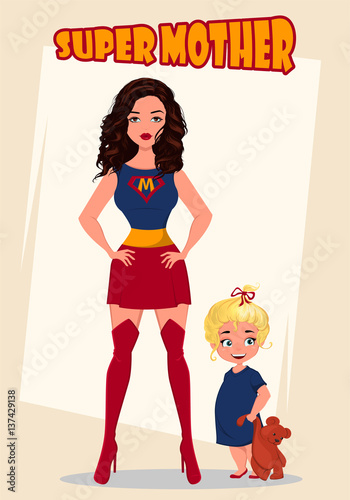 Super mother standing with her little baby girl. Superhero woman in costume. Cartoon cute characters. Vector illustration.