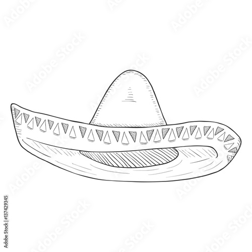 Vector Single Sketch Traditional Mexican Hat. Sombrero.