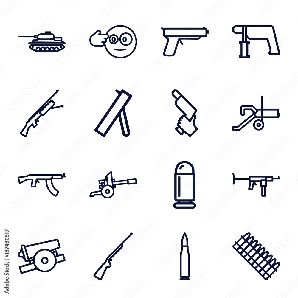 Set of 16 gun outline icons Set of 16 gun outline icons