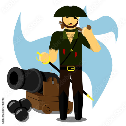 Pirate with a cannon, pistole flat simple object eps10