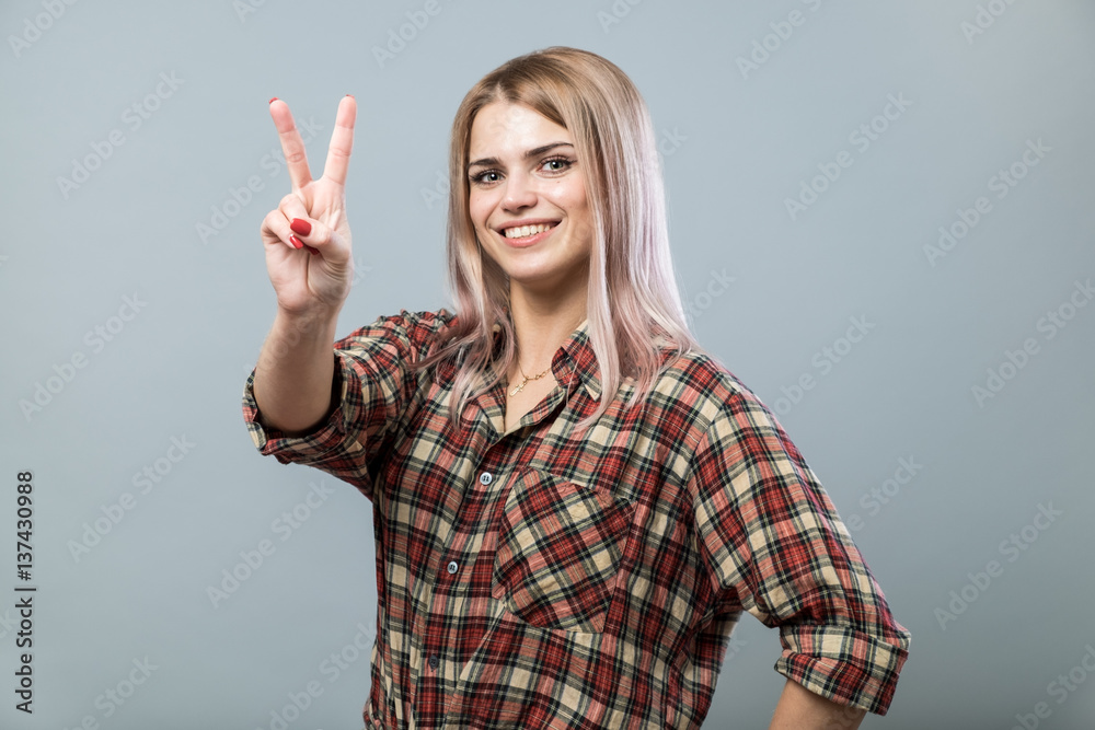 Cute girl with victory Cute girl with victory