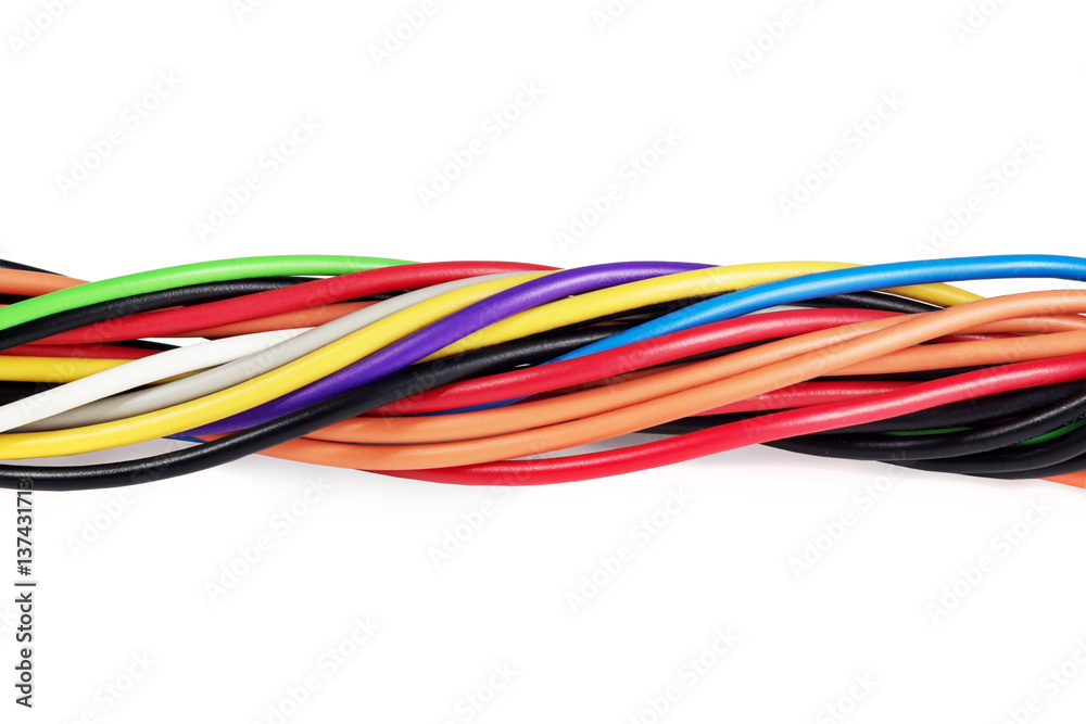 Colored computer wires. The cable from the computer power supply. Isolated on white background.