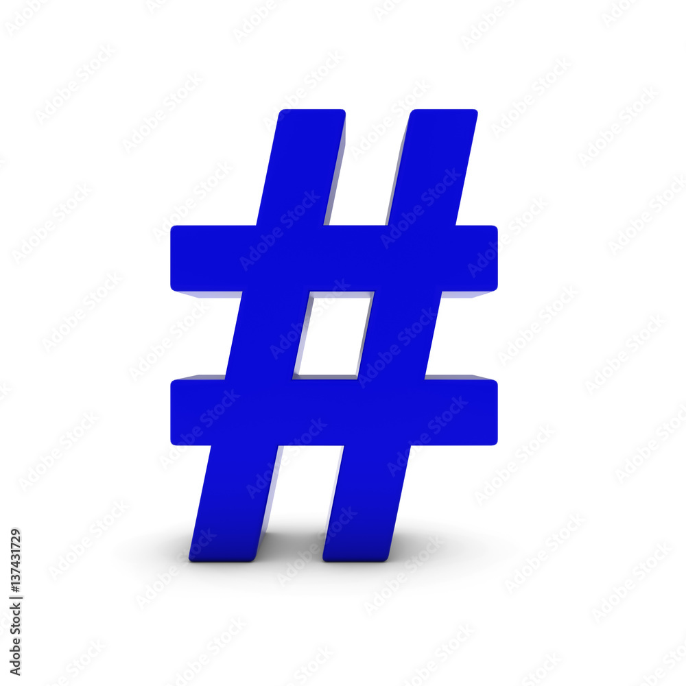 Obraz premium Blue Hash Symbol Isolated on White with Shadows 3D Illustration