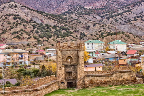 Wall and Tower of Genoese fortress and Sudak city is in Crimea.