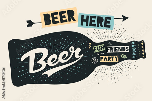 Bottle of beer with hand drawn lettering and text Beer Here for sign of Oktoberfest Beer Festival. Vintage drawing for bar, pub, beer themes. Black bottle sign with lettering. Vector Illustration