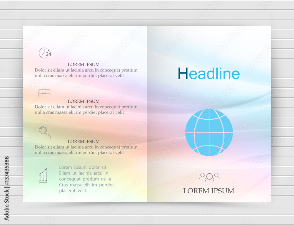 Fototapeta premium Vector two-fold brochure design template with abstract blue wavy background