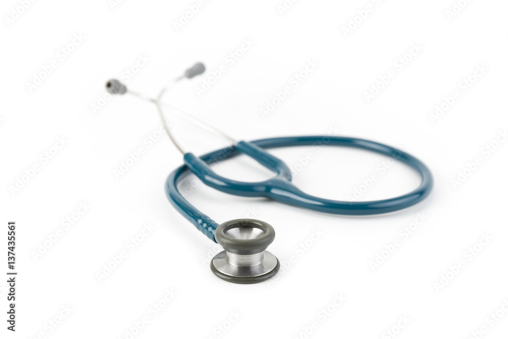 Green medical binaural stethoscope isolated on a white background. Studio shot. Front View. Shallow depth of field. Green medical binaural stethoscope isolated on a white background. Studio shot. Front View. Shallow depth of field.